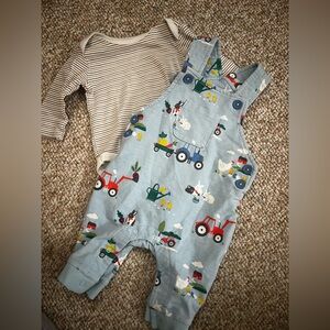 Blue Tractor Print Overalls with Striped Shirt